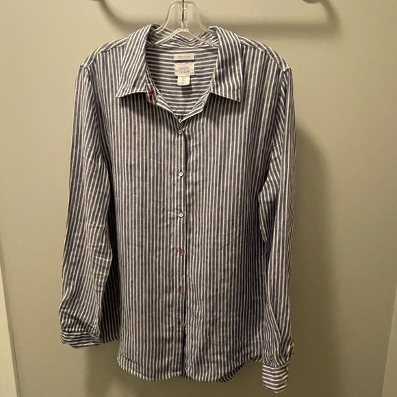 Sigrid Olsen Striped Linen Button Down Shirt with Red Detail, Large - Picture 1 of 9